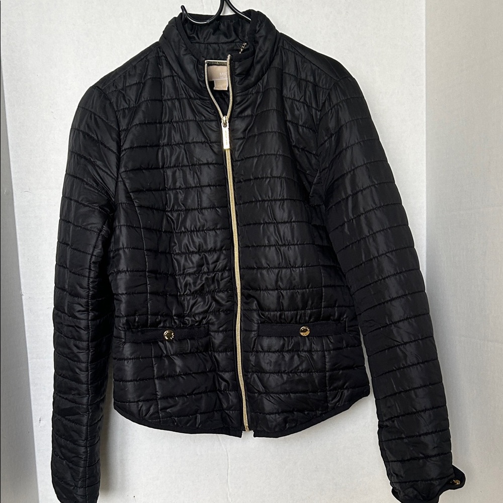 MICHAEL Michael Kors Black Puffer Jacket with Gold Accents